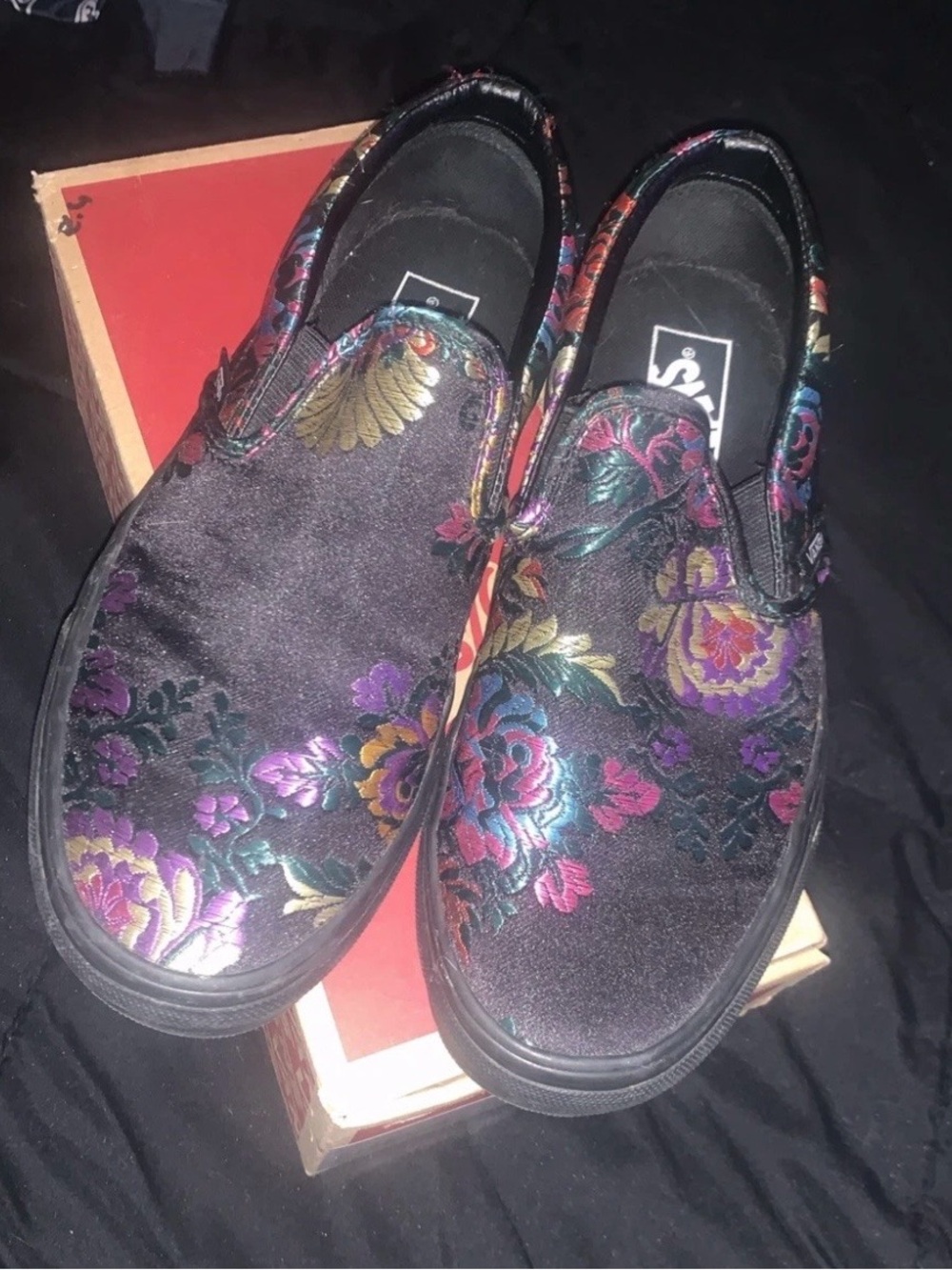 Vans Black Satin Festival Slip-Ons with Multicolor Floral Embroidery